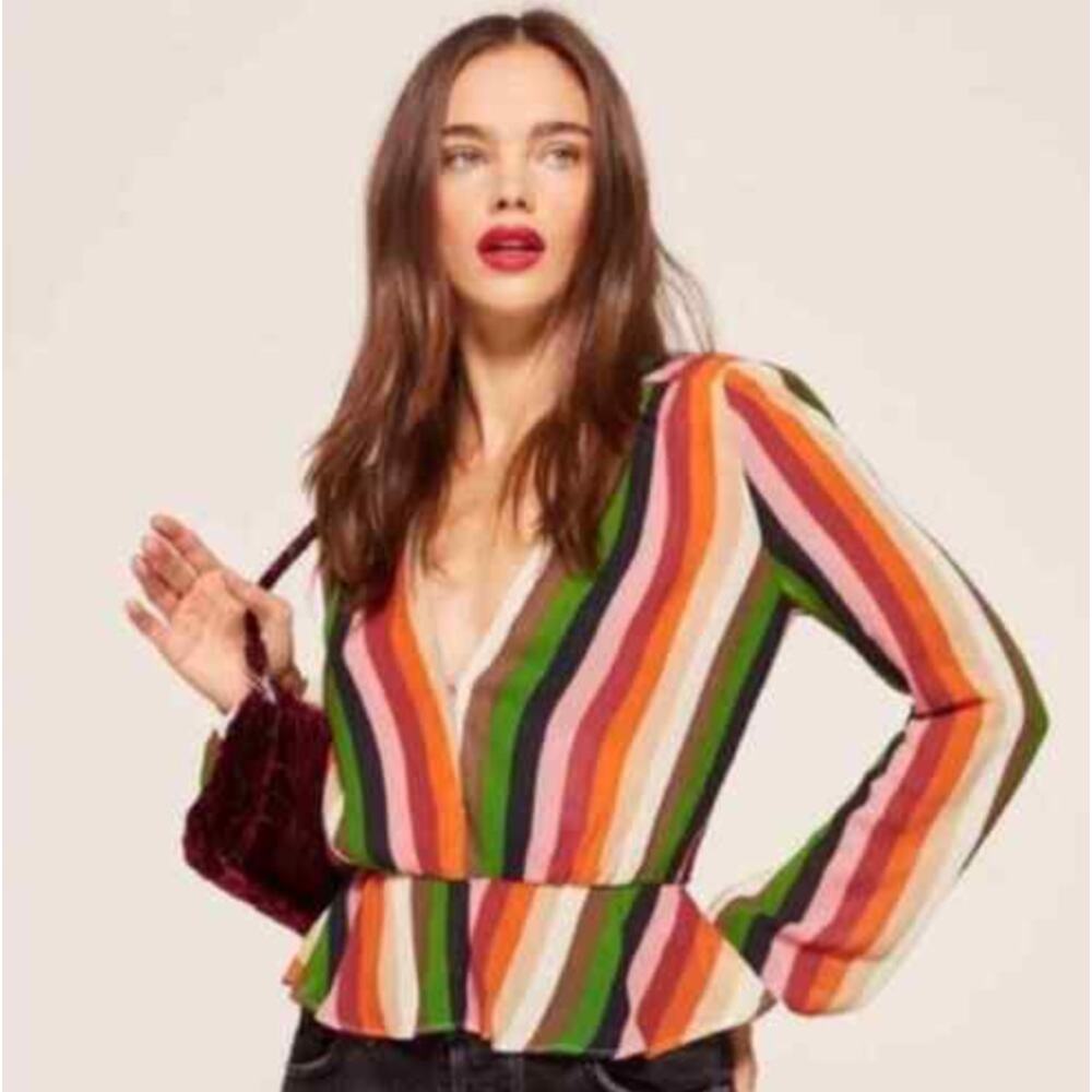 Reformation Camilla Striped Colorful Ruffle Peplum Low Cut Top Blouse Medium